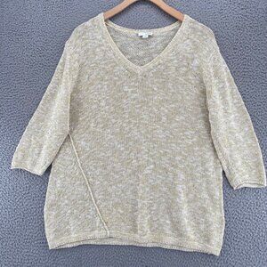Pure Jill Sweater Womens Medium Cream Slubbed Knit Cotton Top 3/4 Sleeves V Neck